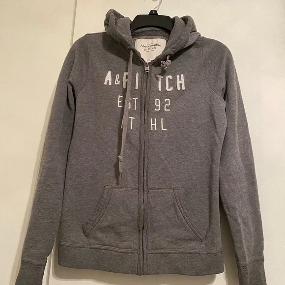 Abercrombie & Fitch Heather Grey Long Sleeve Drawstring Hoodie, Kangaroo Pocket - Picture 1 of 5